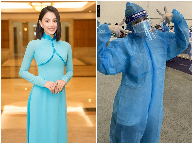 Tiểu Vy, Kiều Loan, Phương Anh và Ngọc Thảo tuân thủ đúng các quy định chống dịch trong trang phục bảo hộ xanh.