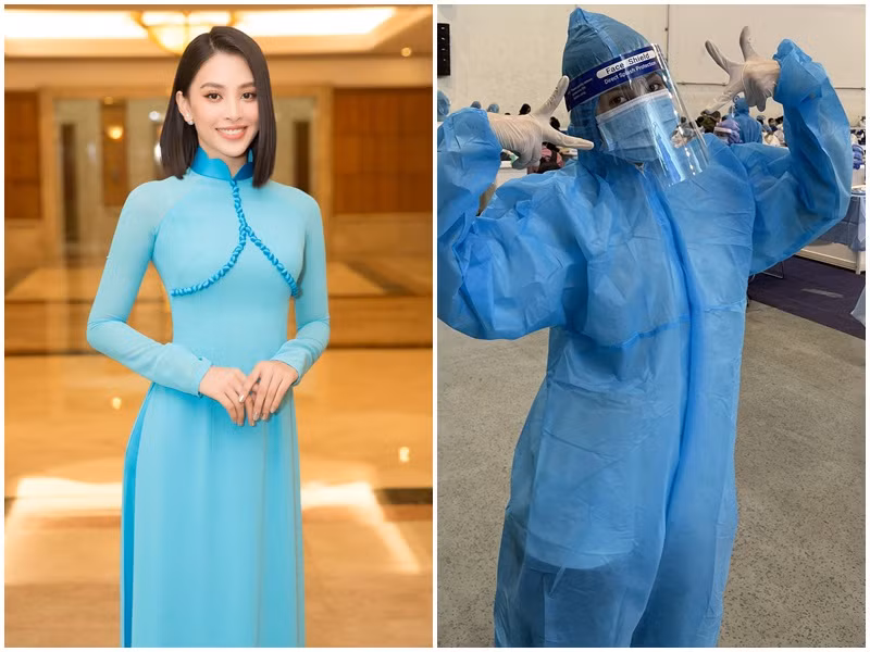 Tiểu Vy, Kiều Loan, Phương Anh và Ngọc Thảo tuân thủ đúng các quy định chống dịch trong trang phục bảo hộ xanh.