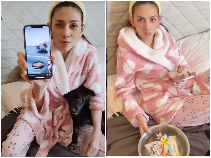 Võ Hoàng Yến chia sẻ clip hài hước được chồng sắp cưới bê chậu nước đến tận giường khi bày tỏ muốn sống ảo bằng khay đồ ăn nổi trên mặt nước.