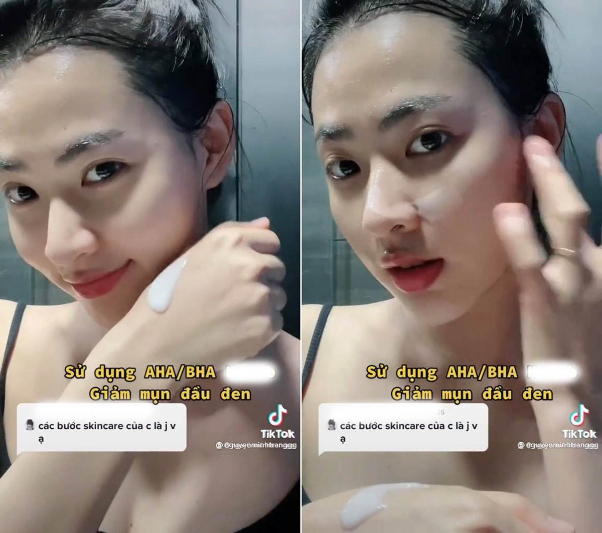 Tiếp theo đó, cô sử dụng thêm sữa rửa mặt dạng tẩy da chết có chứa thành phần AHA/BHA sau đó để giảm mụn đầu đen. Đây là dạng sản phẩm khá lạ đối với nhiều chị em khi thường áp toner lên sau bước rửa mặt.