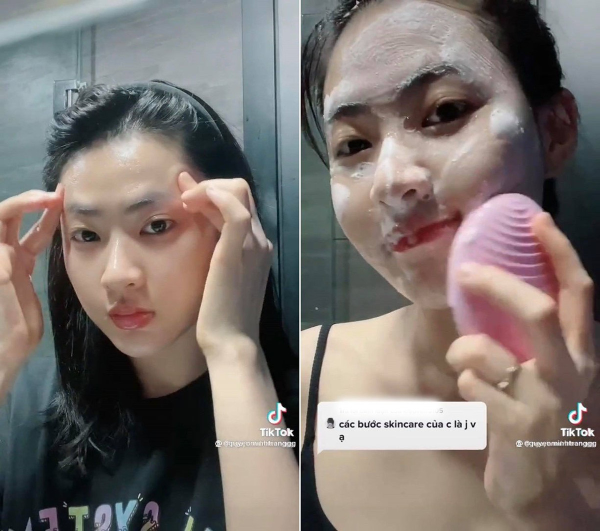 Không thể phủ nhận vẻ xinh đẹp của Minh Trang có được là nhờ đường nét chuẩn, tuy nhiên, đóng vai trò quan trọng cho sự tự tin của cô nàng là làn da mặt. Một làn da căng, mịn và ít khuyết điểm sẽ giúp cho cô dễ thể hiện được cảm xúc, biểu cảm của mình tới khán giả xem phim mà không phải sử dụng quá nhiều chiêu trò. Năm nay đã 26 tuổi và để có được gương mặt đẹp như vậy, thực sự "mỹ nhân phố Cảng" đã chăm sóc rất kĩ. Chỉ tính riêng chu trình chăm sóc da buổi tối thôi cũng đã có tới 7749 bước. Khâu làm sạch của Minh Trang cũng giống với bao chị em khác. Chỉ có điều là cô luôn nhấn mạnh việc sửa tay sạch với xà phòng trước khi dùng tiến tới bước rửa mặt kép với dầu tẩy trang. Nữ diễn viên tận dụng luôn loại dầu này để massage làm sạch và đồng thời giãn cơ mặt, đẩy lùi nếp nhăn.