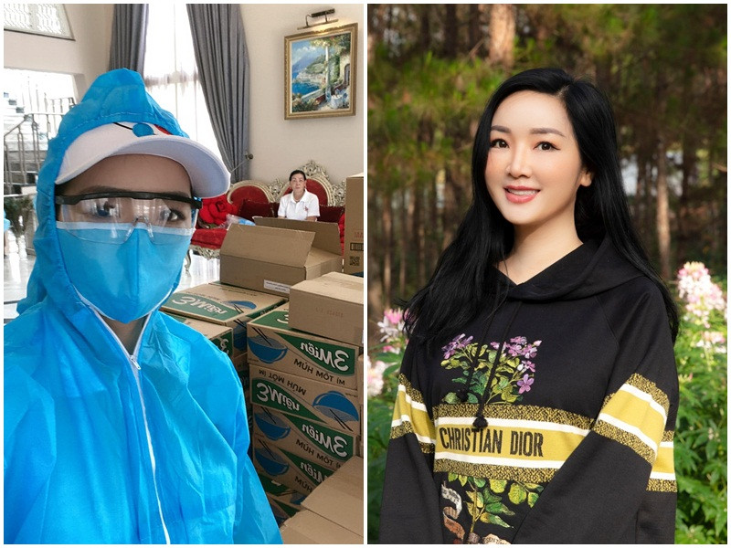 Giáng My mặc đồ bảo hộ đi trao quà. Cô chia sẻ: "Chúng tôi đã đi tất cả 6 nơi: Y tế quận 2 khi các anh chị đang ngày đêm lấy mẫu máu xét nghiệm diện rộng, đến những nơi phong tỏa, Nhà văn hóa thanh niên nơi đang cần số lượng lớn nhu yếu phẩm cung cấp cho các tình nguyện viên, đến bến phà Cát Lái nơi đang có rất nhiều các anh chị tình nguyện viên, công an trực ngày đêm để ngăn chặn dịch lây lan với sự kiểm tra rất chặt chẽ".