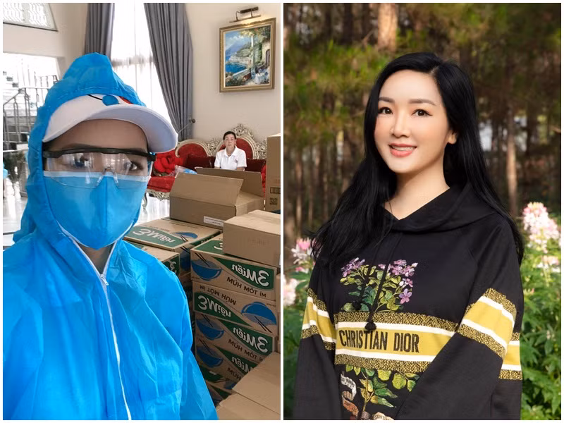 Giáng My mặc đồ bảo hộ đi trao quà. Cô chia sẻ: "Chúng tôi đã đi tất cả 6 nơi: Y tế quận 2 khi các anh chị đang ngày đêm lấy mẫu máu xét nghiệm diện rộng, đến những nơi phong tỏa, Nhà văn hóa thanh niên nơi đang cần số lượng lớn nhu yếu phẩm cung cấp cho các tình nguyện viên, đến bến phà Cát Lái nơi đang có rất nhiều các anh chị tình nguyện viên, công an trực ngày đêm để ngăn chặn dịch lây lan với sự kiểm tra rất chặt chẽ".
