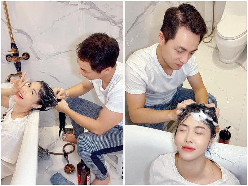 Đăng Khôi gội đầu giúp bà xã khi cô than thở không có nơi gội đầu khi TP.HCM thực hiện giãn cách.