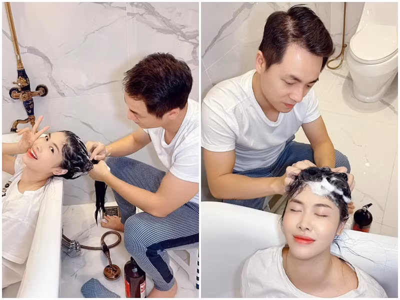 Đăng Khôi gội đầu giúp bà xã khi cô than thở không có nơi gội đầu khi TP.HCM thực hiện giãn cách.