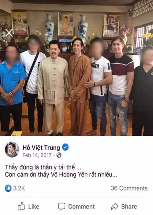 Giống Nhật Kim Anh, Hồ Việt Trung bị cũng vướng tin đồn từng PR cho ông Võ Hoàng Yên khi khẳng định ông Yên là "thần y tái thế" và gửi lời cảm ơn ông Yên vào năm 2017. Bị đào lại status, Hồ Việt Trung lên tiếng. Nam ca sĩ trả lời Thanh niên, lúc đó, anh thấy mọi người đi trị bệnh thì anh cũng dắt người nhà đi trị bệnh. Ảnh: Vietnamnet