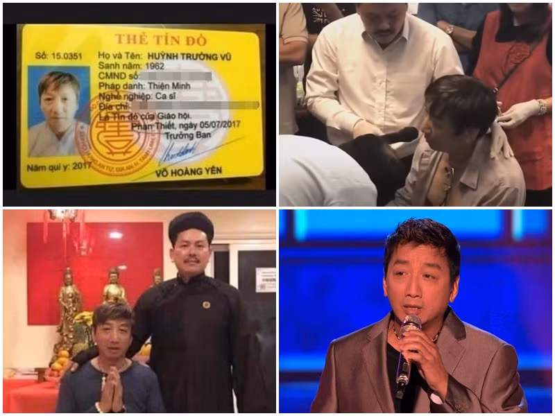 Ca sĩ Trường Vũ vướng nghi vấn lộ ảnh thẻ tín đồ, hình ảnh từng quỳ gối, chắp tay trước ông Võ Hoàng Yên và clip được ông Yên chữa bệnh. Trước nghi vấn có liên quan đến ông Yên, Trường Vũ không có bất kì phản hồi nào. Ảnh: Doanh nghiệp và tiếp thị