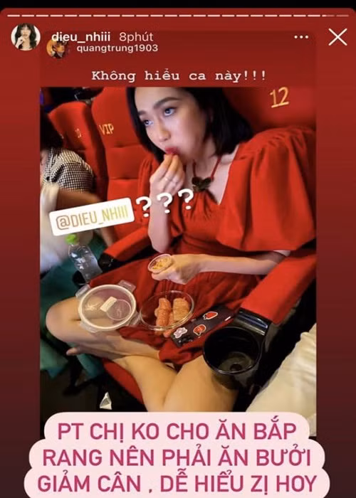 Tháo giày, 2 chân để lên ghế và ngồi ăn bưởi trong rạp chiếu phim, Diệu Nhi bị chê kém duyên. Sau đó, cô thanh minh rằng huấn luyện viên thể hình không cho ăn bắp rang nên phải ăn bưởi giảm cân.