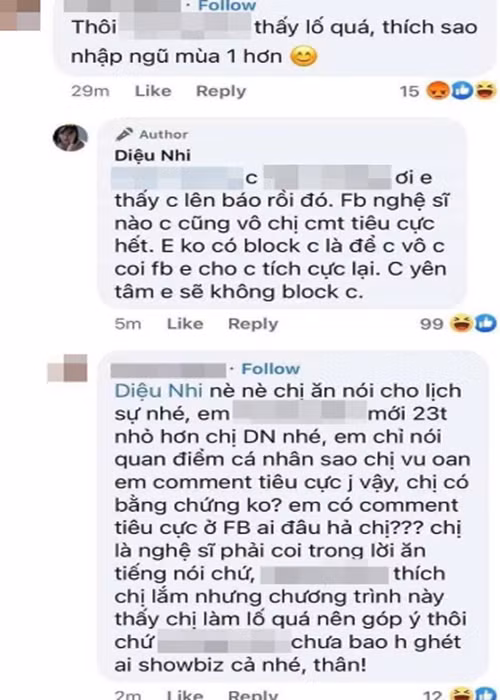 Diệu Nhi từng đáp trả gay gắt khi một tài khoản ảo được mệnh danh là “thánh comment dạo” chê bai cô trong Sao nhập ngũ. Ngay sau đó, “thánh comment dạo” yêu cầu Diệu Nhi phải công khai xin lỗi vì đã nặng lời với mình. Đồng thời người này còn khẳng định rằng đã làm đơn tố cáo Diệu Nhi.