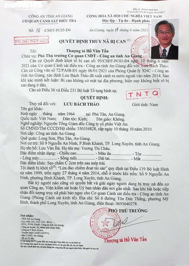 Truy na dac biet nguy hiem nguyen Tong Giam doc Cong ty CP Viet An