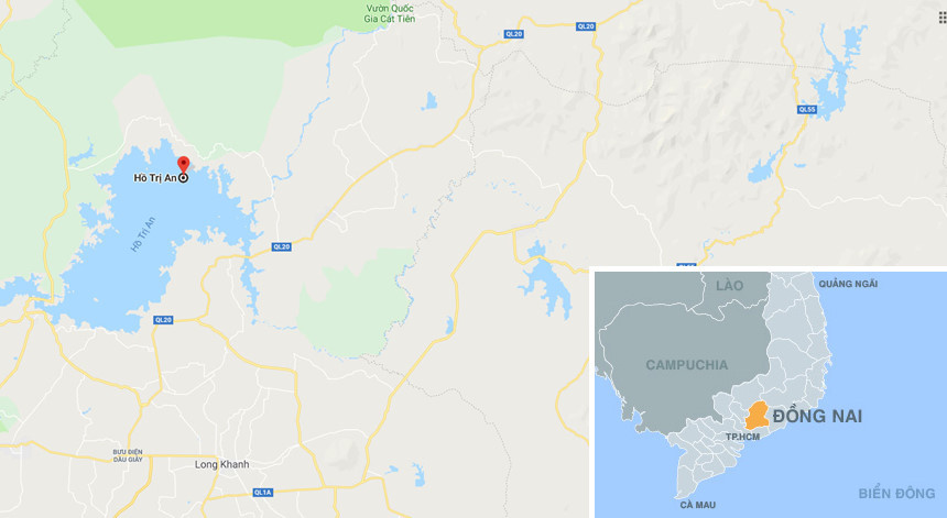 Vị trí lớp học miễn phí của đại đức Thích Chơn Nguyên ở hồ thủy điện Trị An. Ảnh: Google Maps.