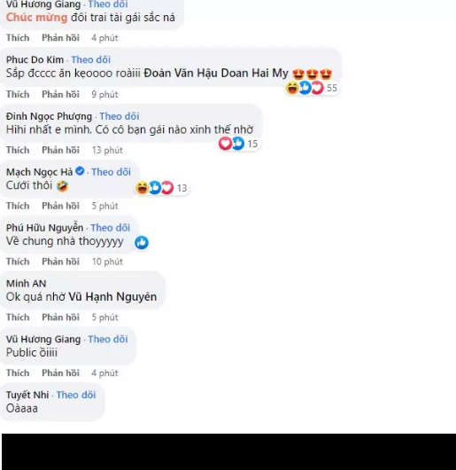 Chỉ ít phút đăng tải, loạt ảnh chưa từng lên sóng của cặp "trai tài gái sắc" đã thu hút bão tương tác. Đồng nghiệp, người hâm mộ thi nhau vào chúc mừng Văn Hậu và Doãn Hải My. Cư dân mạng cũng hối thúc đôi trẻ "cưới thôi".