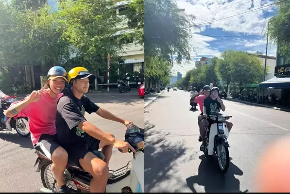 Nhìn khoảnh khắc cặp đôi ngồi trên xe máy nhiều người hóm hỉnh bảo cặp đôi như sắp muốn "nuốt chửng chiếc xe", bởi trông hai người ai nấy đều cao, to mà xe thì bé.