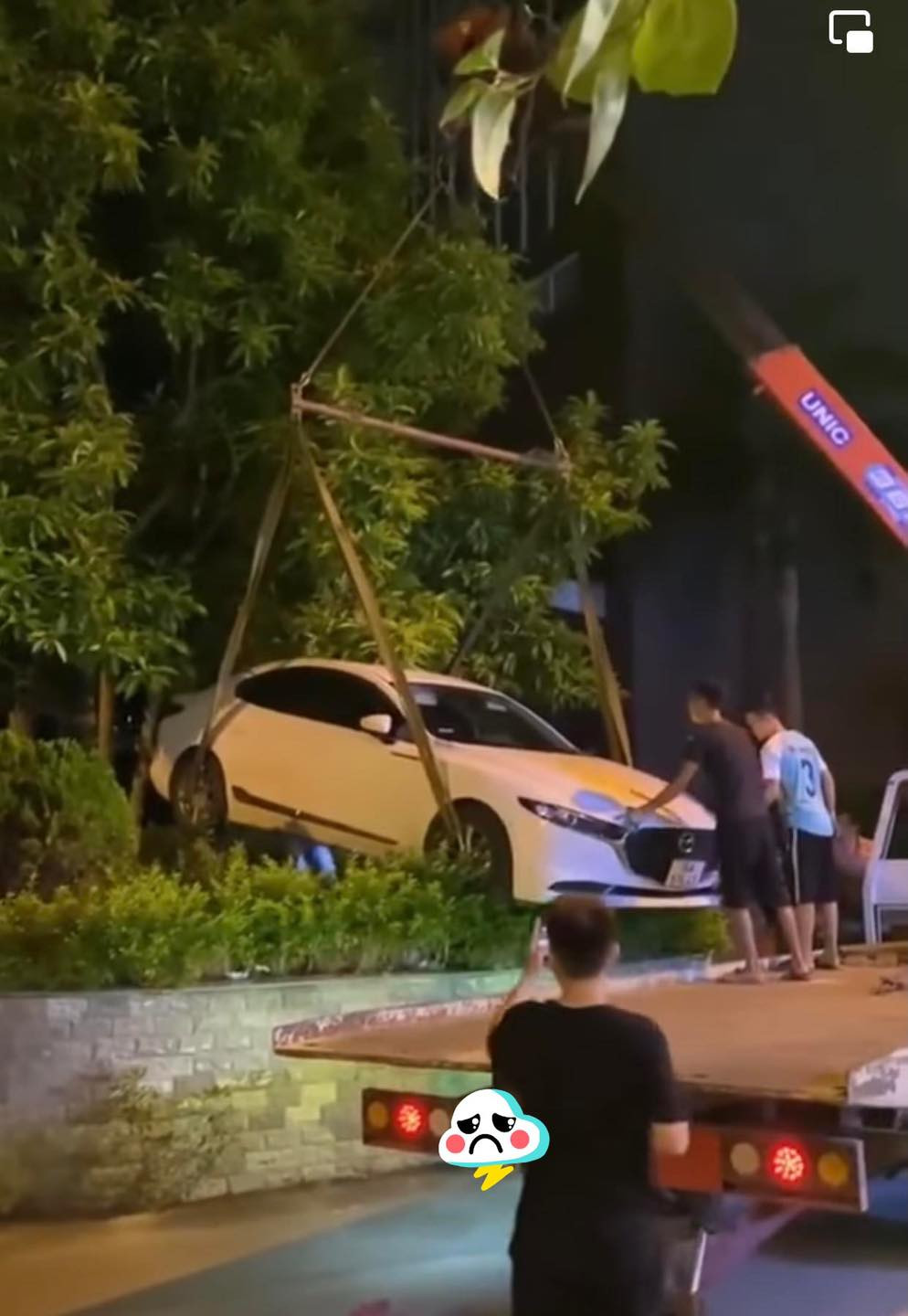 Mới đây, một chủ tài khoản Facebook đã đăng tải đoạn video cho thấy một chiếc xe ô tô bị cẩu vào một bụi cây vì đỗ xe trước cửa, được nhiều người quan tâm. Ảnh: Cắt ra từ clip