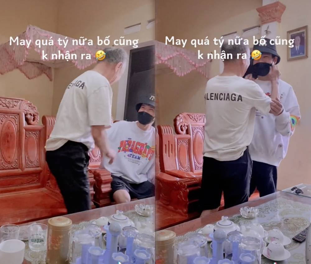 Chỉ đến khi anh tháo kính mắt, người bố mới giật mình và tiến tới tháo khẩu trang của cậu xuống. Lúc này tất cả mới vỡ òa nhận ra con trai đi Nhật suốt 5 năm chưa trở về. Ảnh: Chụp màn hình