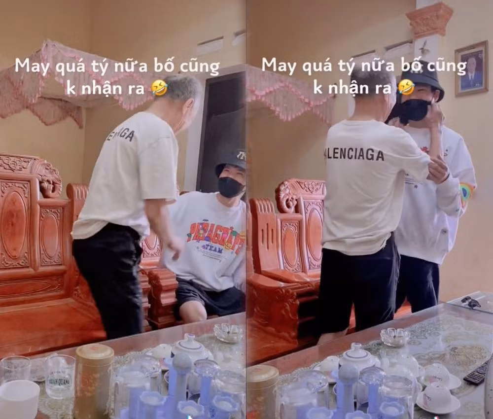 Chỉ đến khi anh tháo kính mắt, người bố mới giật mình và tiến tới tháo khẩu trang của cậu xuống. Lúc này tất cả mới vỡ òa nhận ra con trai đi Nhật suốt 5 năm chưa trở về. Ảnh: Chụp màn hình