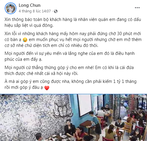 Đính kèm bài đăng nam TikToker còn chia sẻ thêm một vài hình ảnh quán ăn đông khách, thậm chí phải tạm đóng cửa một hôm để "đưa toàn bộ nhân viên đi masaage, ... cho tâm sinh lý ổn định trở lại".