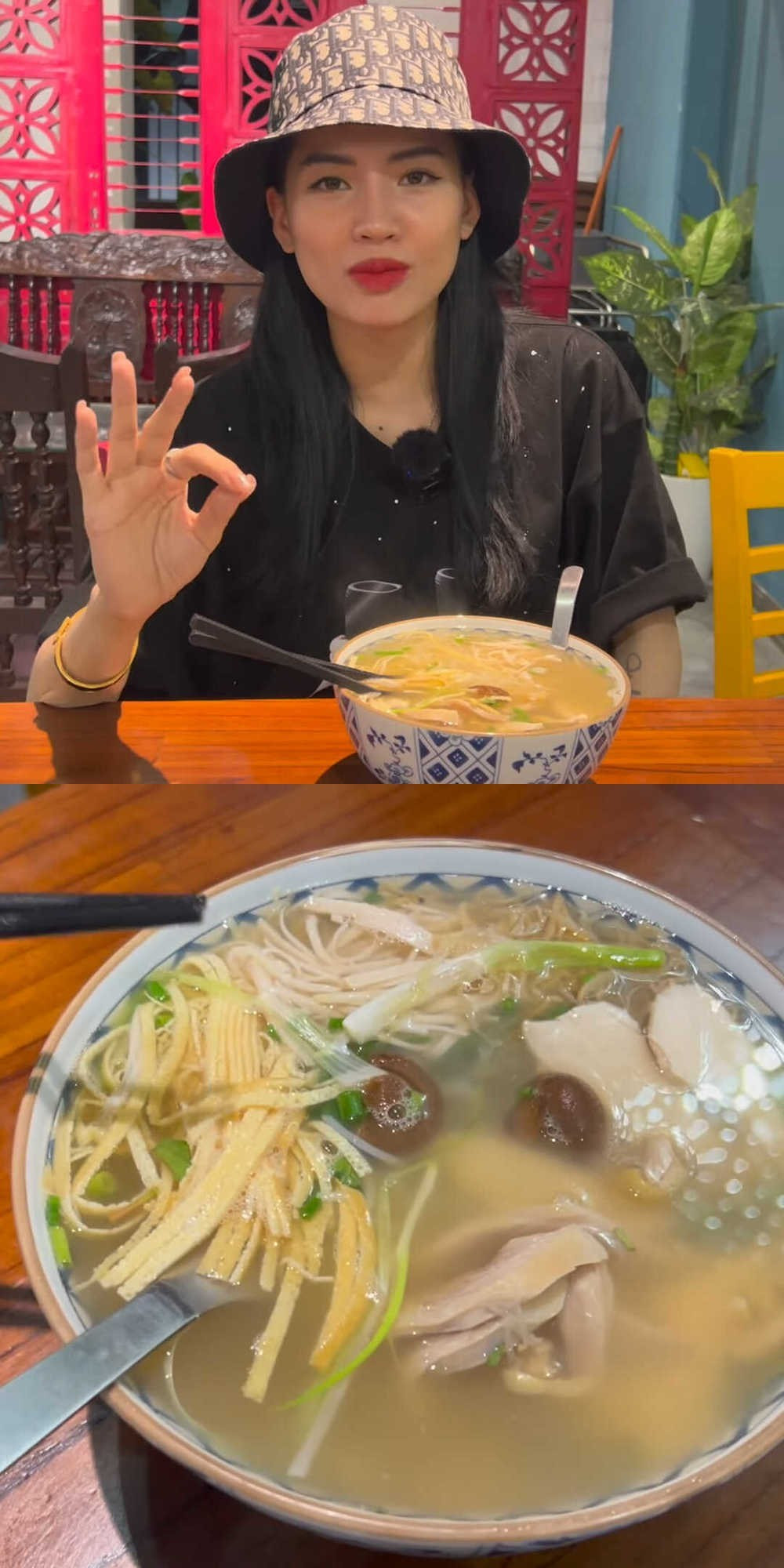 Cụ thể, khi đến quán của Long Chun, Hà Linh đã gọi đầy đủ các món như bún thang, xôi, súp cùng 2 loại nước uống "best seller". Sau khi ăn thử, cô nàng không ngần ngại dành nhiều lời ngợi khen cho món bún và xôi.