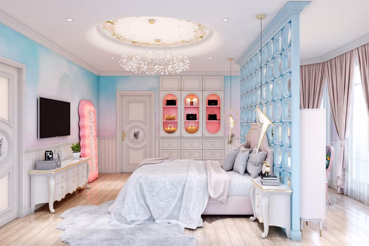 Căn phòng sau khi được làm lại đã chuyển đổi hoàn toàn thành màu xanh theo đúng nguyện vọng của Hana.