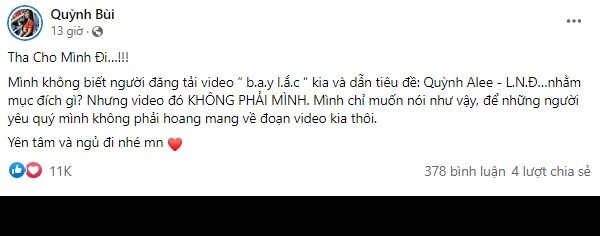 "Tha Cho Mình Đi. Mình không biết người đăng tải video bay lắc kia và dẫn tiêu đề: Quỳnh Alee - L.N.Đ…nhằm mục đích gì? Nhưng video đó KHÔNG PHẢI MÌNH. Mình chỉ muốn nói như vậy, để những người yêu quý mình không phải hoang mang về đoạn video kia thôi", Quỳnh Alee lên tiếng.