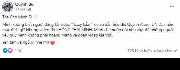 "Tha Cho Mình Đi. Mình không biết người đăng tải video bay lắc kia và dẫn tiêu đề: Quỳnh Alee - L.N.Đ…nhằm mục đích gì? Nhưng video đó KHÔNG PHẢI MÌNH. Mình chỉ muốn nói như vậy, để những người yêu quý mình không phải hoang mang về đoạn video kia thôi", Quỳnh Alee lên tiếng.