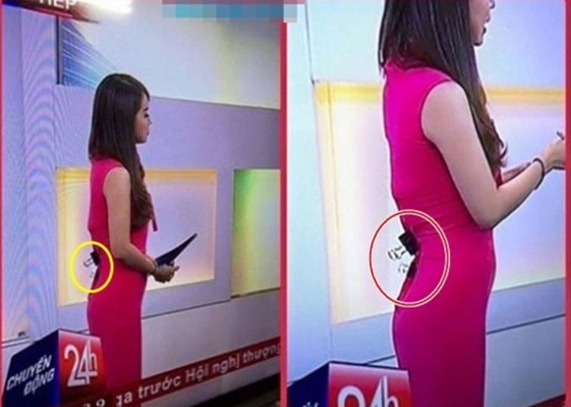 Trong một chương trình Chuyển động 24h trước đây, BTV Trúc Mai vô tình bị lộ chi tiết dùng kẹp giấy để ghim váy vì stylist lấy nhầm 2 size so với số đo của cô. Ảnh: Tổng hợp