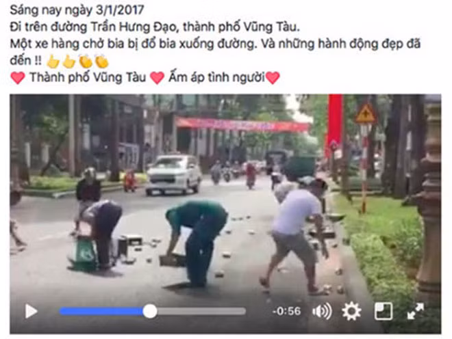Trước đó cư dân mạng từng chú ý về đoạn clip ghi lại cảnh người dân Vũng Tài cùng nhau dừng xe gom bia giúp tài xế chở hàng.