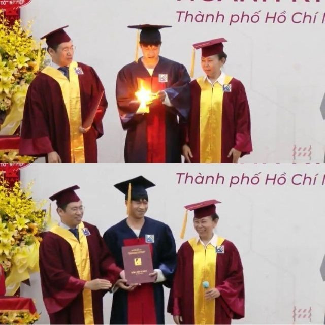Anh chàng sinh viên có tên Đinh Quốc Bảo, tân kỹ sư ngành Kỹ thuật Xây dựng, ĐH Kiến trúc TP HCM từng có cách nhận bằng không giống ai. Khi vừa lên sân khấu nam sinh này mang một chiếc bật lửa và mẩu giấy nhỏ đốt ngay trên sân khấu. Trong tích tắc, mảnh giấy biến thành bông hoa hồng nhỏ và anh chàng đã tặng nó cho người thầy kính yêu. Ảnh: ĐH KiếnTrúc TPHCM