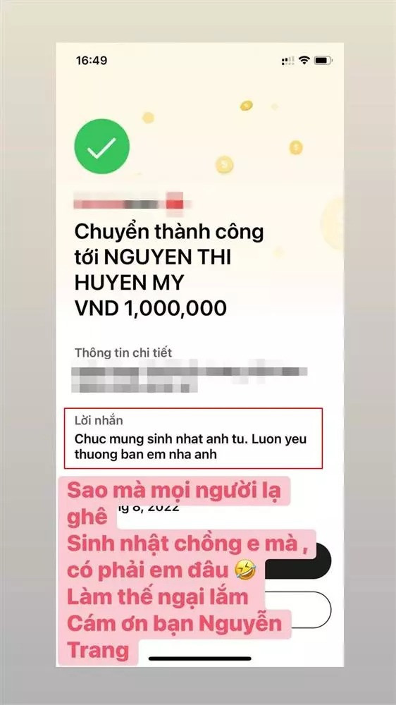 Trong chia sẻ của gái xinh Huyền My thì mẹ cô cũng chuyển tiền mừng sinh nhật con rể với lời nhắn: "Mẹ Huyền chúc mừng sinh nhật bé Tú nha".
