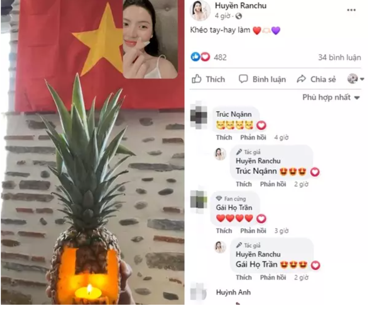 Theo đó mới đây, Chu Thanh Huyền hào hứng chia sẻ cuộc gọi facetime với một ai đó. Hình ảnh ghi lại, đối phương khoe với cô thành quả làm nến thơm bằng quả dứa. Khen cho sự khéo léo của người này, cô nàng có hành động "bắn tim".
