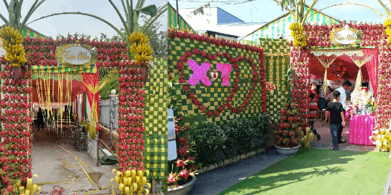 Nhiều nơi còn dùng hoa quả tươi để trang trí cổng cưới để tiết kiệm và thiết thực.