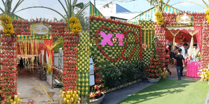 Nhiều nơi còn dùng hoa quả tươi để trang trí cổng cưới để tiết kiệm và thiết thực.