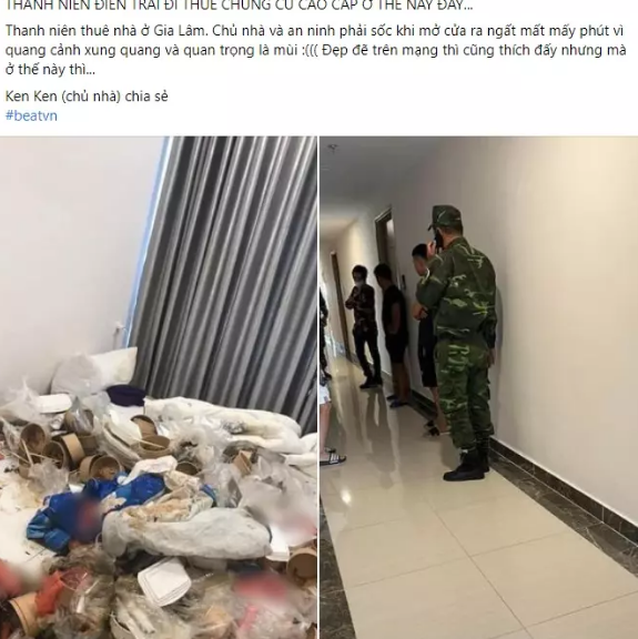 MXH hiện đang quan tâm đến hình ảnh về nam thanh niên đi thuê chung cư cao cấp ở Hà Nội nhưng lại để căn phòng bốc mùi hôi thối. Ảnh: Tổ buôn thành phố