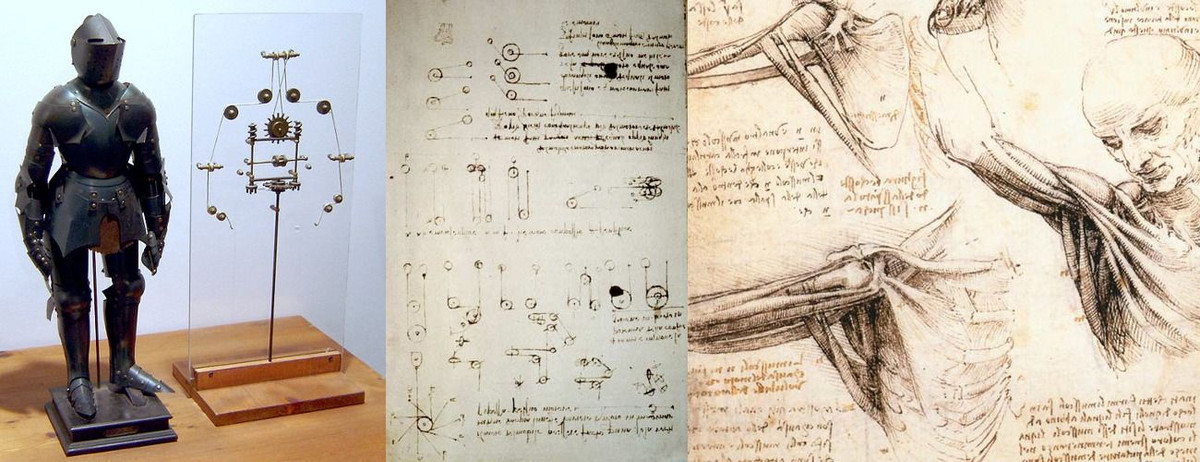 Trong số này, nổi tiếng là sáng chế robot hình người. Da Vinci đã phát minh ra "Hiệp sĩ" có thể vẫy tay, cử động cổ và thậm chí biết đóng, mở miệng.