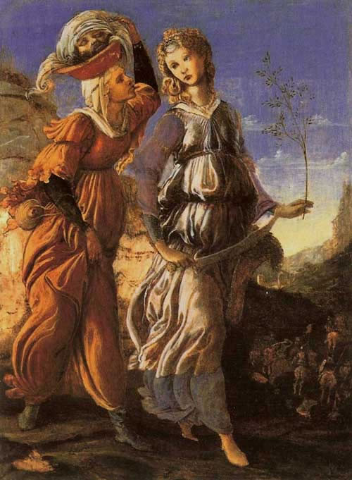 Kế đến, Judith dẫn theo tỳ nữ mang theo rượu, một bình dầu, một túi đựng đầy ngũ cốc rang, bánh mì rồi đi ra ngoài cổng thành. Theo đó, sau khi đi một quãng đường, bà gặp đội quân của tướng Holofernes.