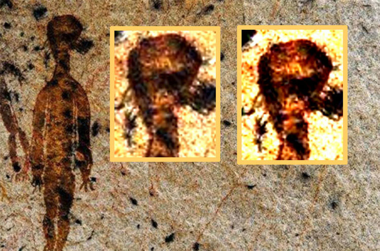 Một số hình vẽ các sinh vật có hình dáng giống người nhưng thiếu mất mũi và miệng. Trong khi đó, vài sinh vật lạ mặc trang phục giống của nhà du hành vũ trụ.