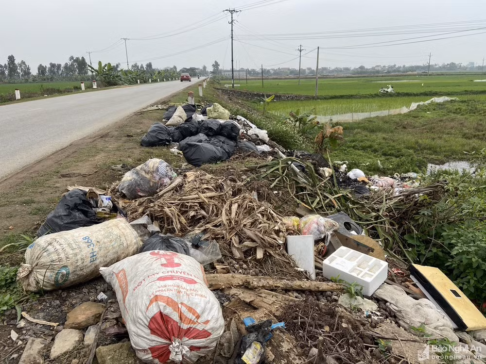 Rác thải ngổn ngang đổ tràn cả Quốc lộ 7B đoạn qua huyện Diễn Châu. Ảnh: Văn Trường