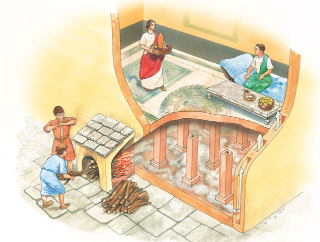Lò hypocaust được người La Mã xây dựng bên dưới sàn nhà. Hệ thống sưởi trung tâm bên trong một công trình sản sinh và tuần hoàn khí nóng bên dưới sàn căn phòng.