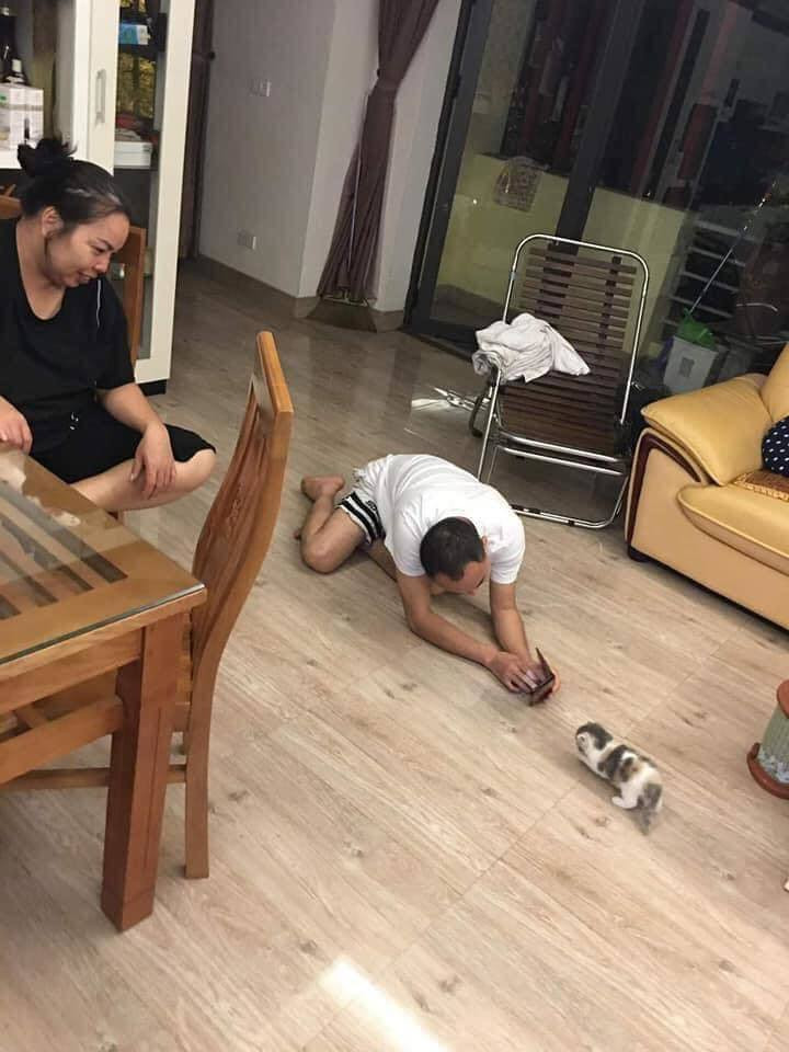 Gương mặt lộ rõ nét hạnh phúc của ông bố bà mẹ mê chú mèo mà con trai nuôi.