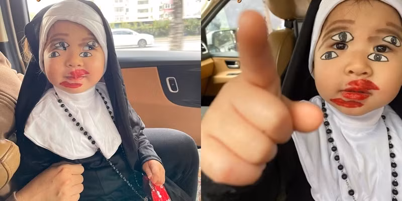 Sử dụng cách hóa trang mang lại hiệu ứng ảo ảnh, mẹ của cô bé đã vẽ thêm 2 cặp mắt, hai đôi môi lên gương mặt của con gái. Khi nhìn vào, không ít người đều chung ý kiến rằng bị hoa mắt, chóng mặt khi liên tục thấy các cặp mắt di chuyển.