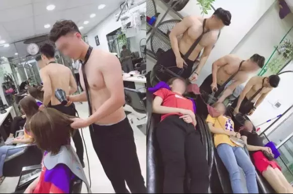 Một salon tóc để dàn trai 6 múi cởi đồ phục vụ khách hàng nữ.