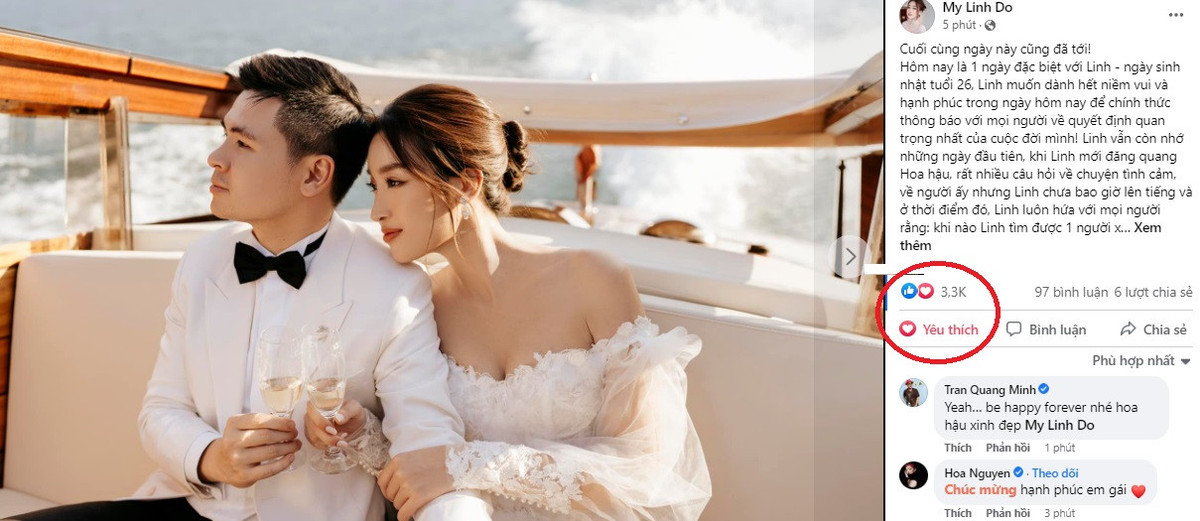 Sau đó không lâu, vào đúng ngày sinh nhật thứ 26, Đỗ Mỹ Linh chính thức xác nhận mối quan hệ, đồng thời chia sẻ thông tin sắp kết hôn với thiếu gia Đỗ Vinh Quang.