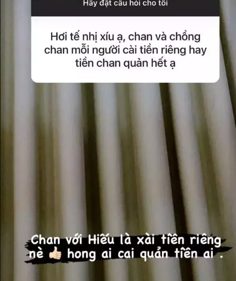 Hay một lần khi nhận được câu có nội dung tương tự, cô đáp sốc: "Mình không phải dạng nhà nghèo, thiếu thốn cần trai nuôi nên ai chửi mình yêu vì tiền thì mình cũng thông cảm vì bản thân họ phải thế nào thì mới nói người ta như vậy".