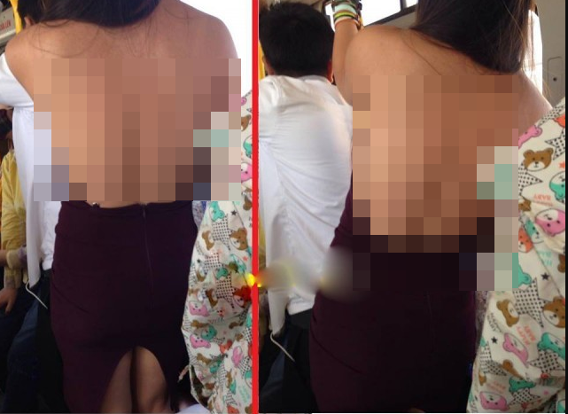 Trước đó cư dân mạng cũng từng lên tiếng chê bai hành động của một cô gái khi mặc chiếc váy xẻ khá táo bạo, hở trọn phần khi đang chen chúc trên chuyến xe đông người.