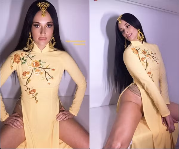 Kacey Musgraves - ca sĩ nhạc đồng quê người Mỹ, chủ nhân 6 giải Grammy cũng từng diện một chiếc áo dài màu vàng và không mặc quần biểu diễn tại Dallas.