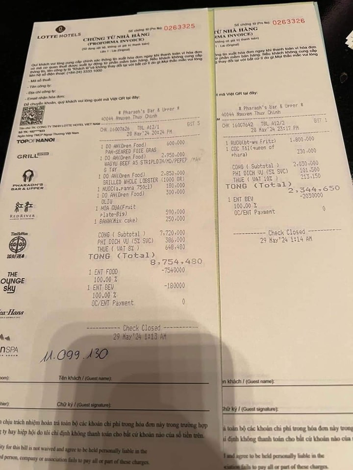 Hóa đơn trị giá 11 triệu đồng mà cô gái này đã gọi: bò Wagyu A5, tôm hùm nguyên con, rượu vang Đức, hoa quả…