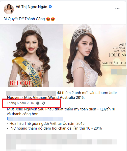 Mới đây, hot girl Ngân 98 bất ngờ chia sẻ lại bức ảnh trước và sau khi Hoa hậu Jolie Nguyễn "dao kéo" kèm theo một số thông tin về trang cá nhân, kèm dòng chú thích đầy mỉa mai: "Bí quyết thành công".