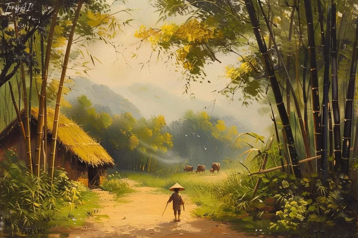 Lũy tre làng mỗi chiều đung đưa hát cùng làn gió...