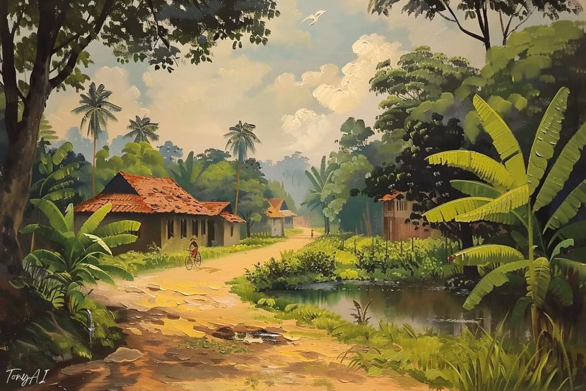 Điều có thể nhìn thấy nhiều nhất ở những bức tranh chính là cây cối xanh mát, xa xa là những cây cau cao vượt hẳn mái nhà, cạnh bờ ao là bụi chuối vươn tàu lá, đầu đình cây đa già tỏa bóng cho người già có chỗ dựa lưng khi đi chợ về...