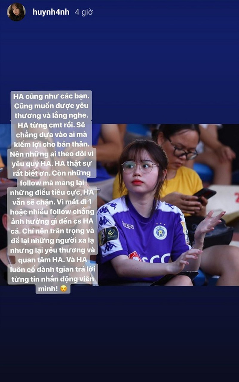 Có lần, Huỳnh Anh đăng tải hình ảnh cùng dòng trạng thái được cho là đáp trả những bình luận soi mói của dân mạng.